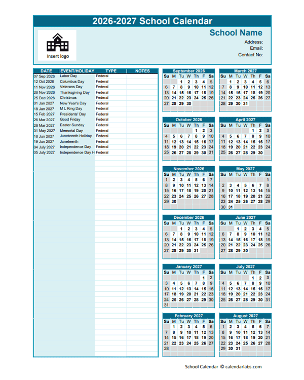 2026-2027 Sep-Aug Yearly School Calendar Template Excel