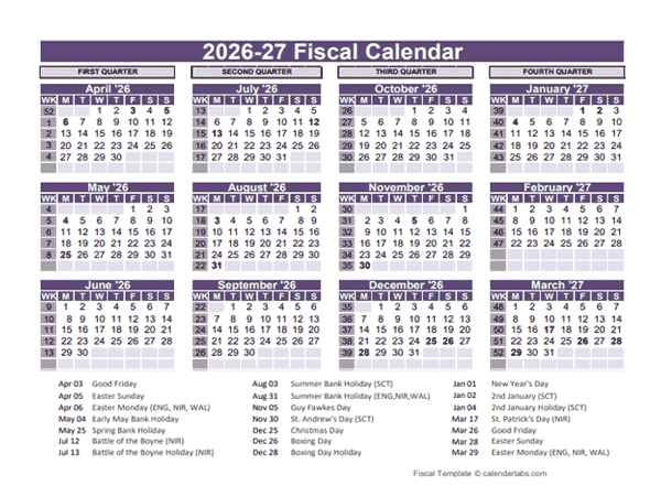 UK Fiscal Calendar Template 2026-2027
