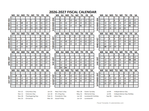Fiscal Calendar 2026-2027 Templates