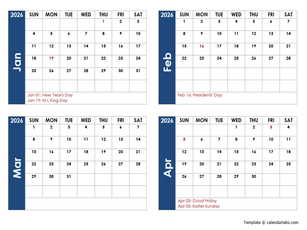 2026 Four Month Calendar Template