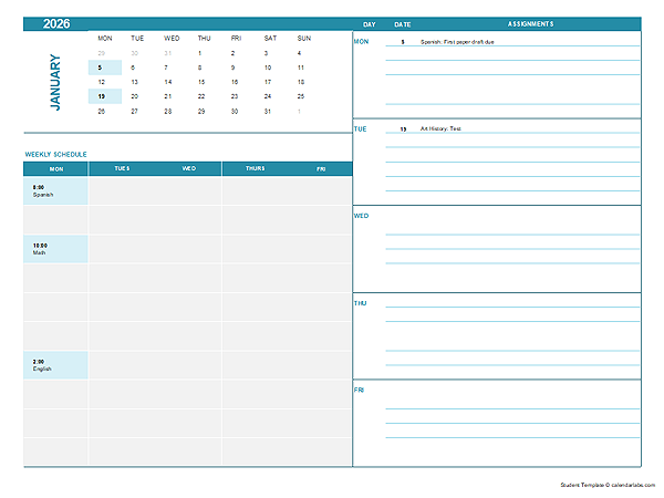 2026 Assignment Calendar For Students