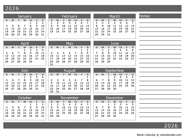 2026 Blank 12 Month Calendar In One Page