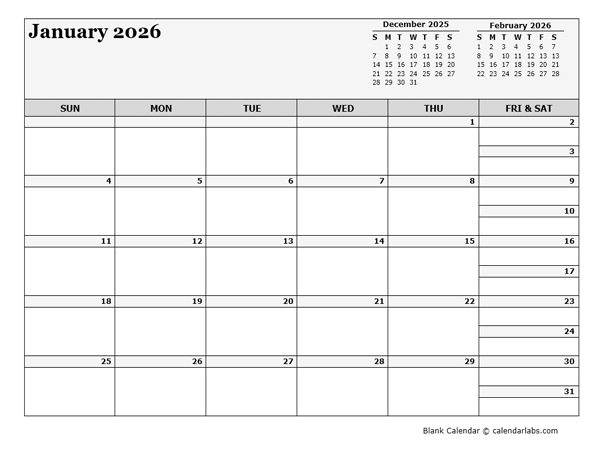 2026 Blank Three Month Calendar