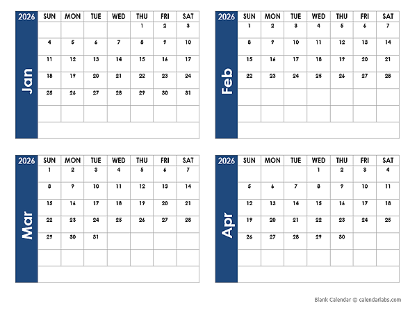 2026 Blank Four Month Calendar