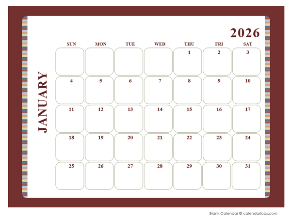 2026 Calendar Template Large Boxes