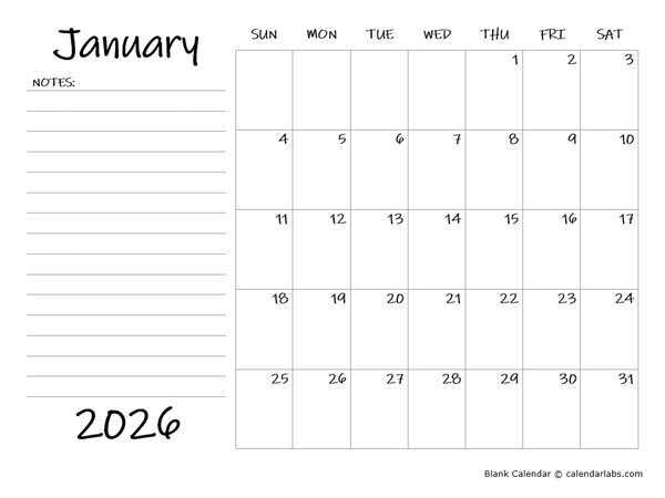 2026 Blank Calendar Template With Notes