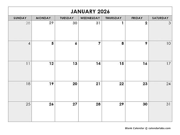 2026 Blank Monthly Calendar