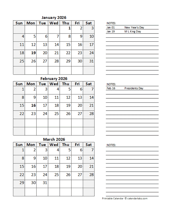 2026 Blank Printable Calendar