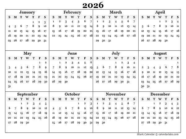 2026 Blank Yearly Calendar Template