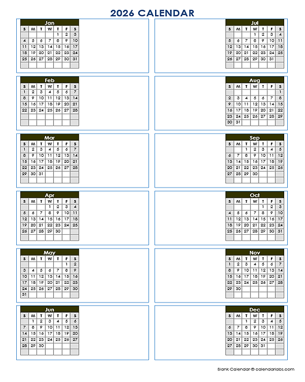 2026 Blank Yearly Calendar Template Vertical Design
