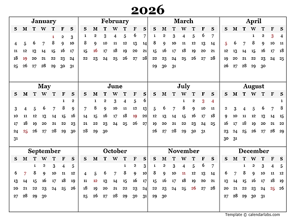 2026 Blank Yearly Calendar Template