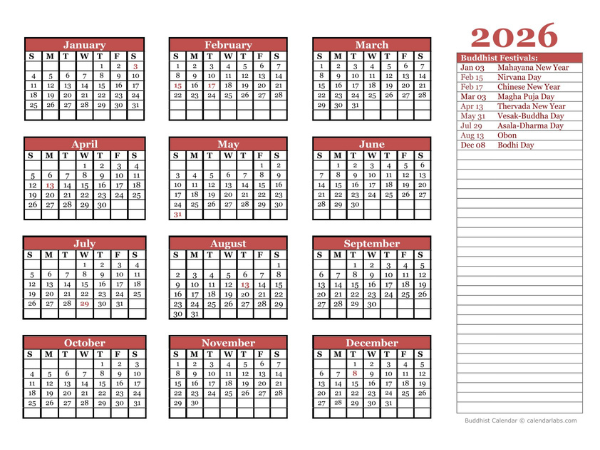 2026 Buddhist Festivals Calendar Template