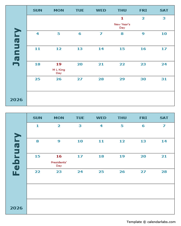 2026 Calendar Template Two Months Per Page