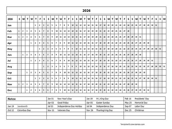 2026 Calendar Template Year At A Glance