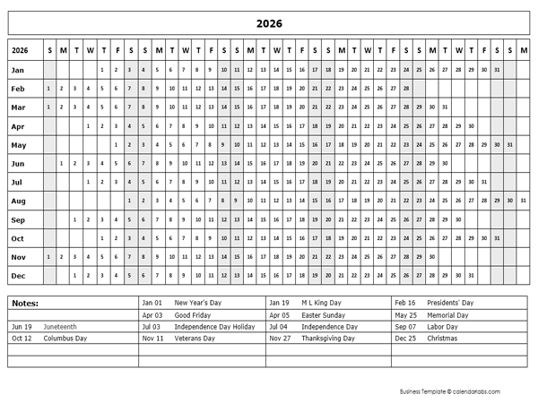 2026 Calendar Template Year At A Glance