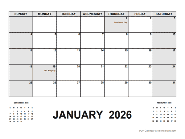 2026 Calendar With Holidays PDF