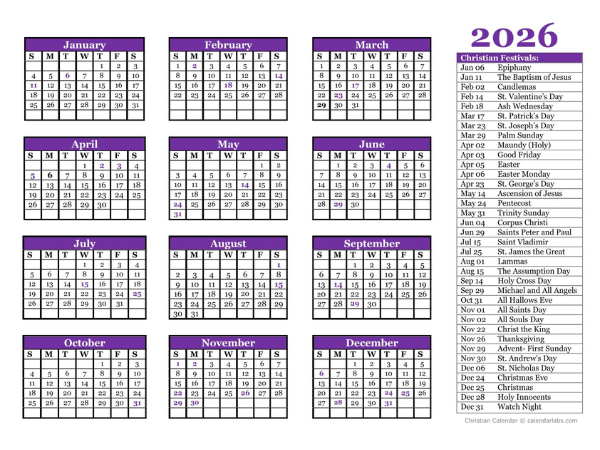 2026 Christian Festivals Calendar Template