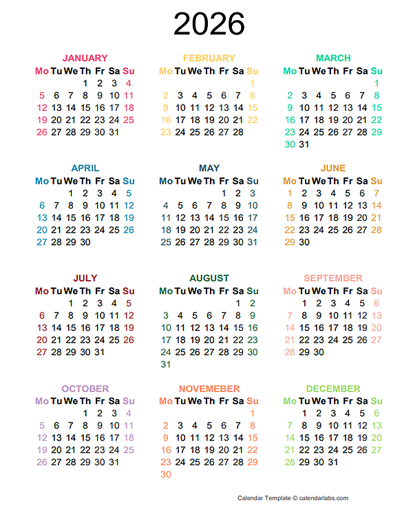 2026 Colorful Yearly Excel Calendar