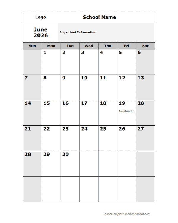 2026 Editable Monthly School Jun-Sep Calendar