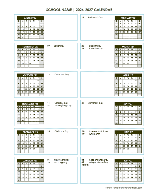 2026 Editable Yearly Calendar Aug-July
