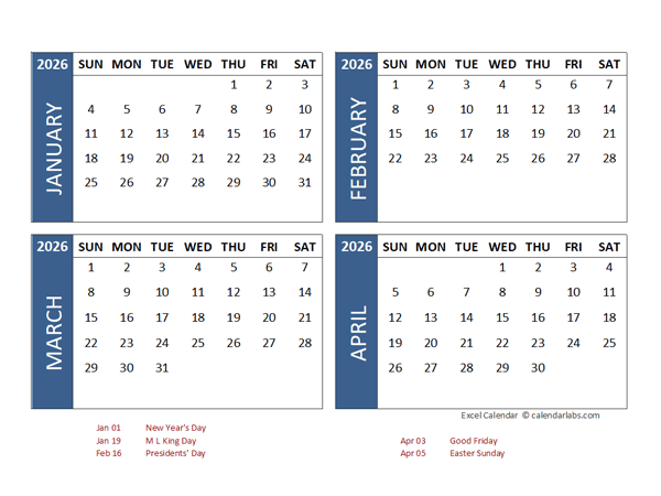 2026 Excel 4 Month Calendar Template