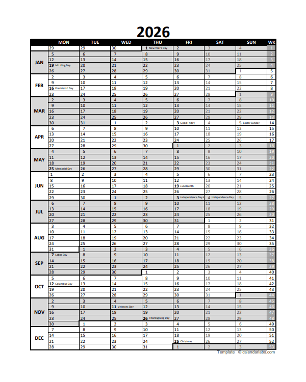 Free 2026 Excel Calendar For Project Planning