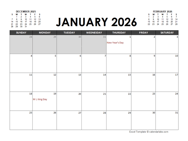 Monthly 2026 Excel Calendar Planner