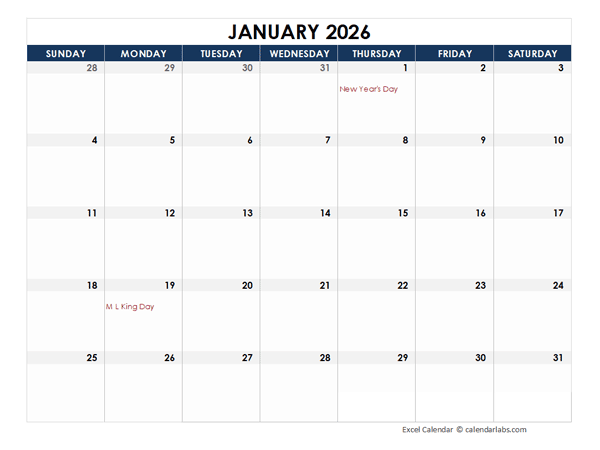 2026 Excel Calendar Spreadsheet Template