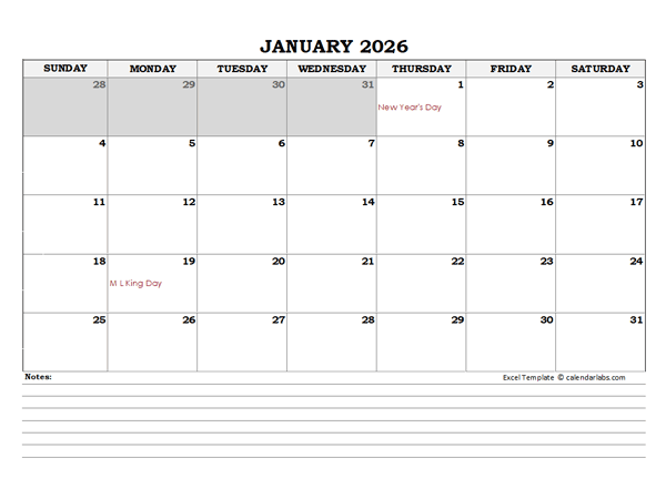 2026 Excel Monthly Calendar With Notes - Free Printable Templates