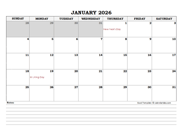 2026 Excel Monthly Calendar With Notes