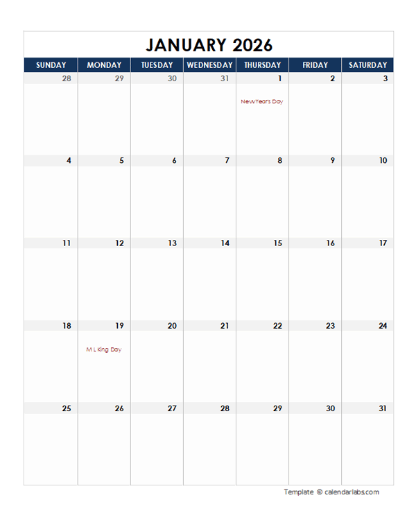 2026 Excel Monthly Calendar Template Free Printable Templates