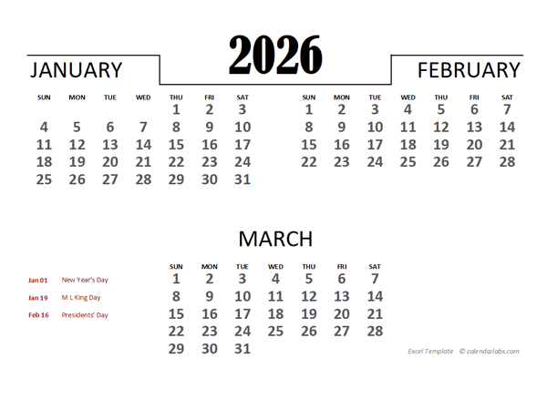 2026 Excel Quarterly Calendar Template