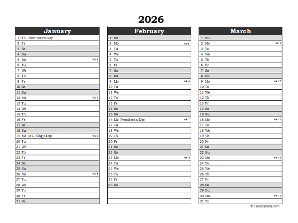 Editable 2026 Excel Three Month Calendar
