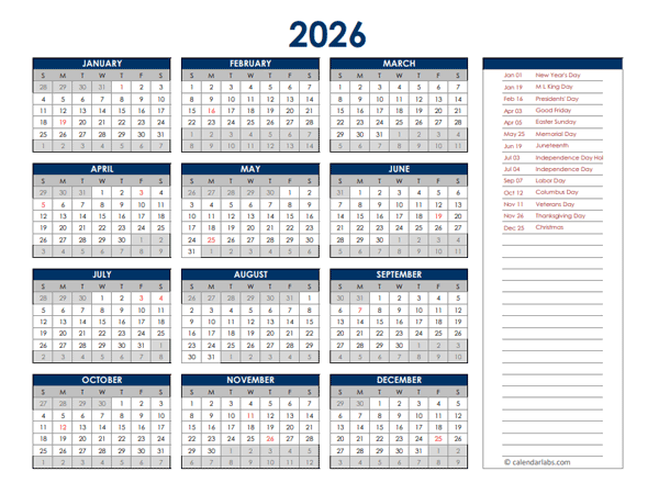 2026 Excel Yearly Calendar