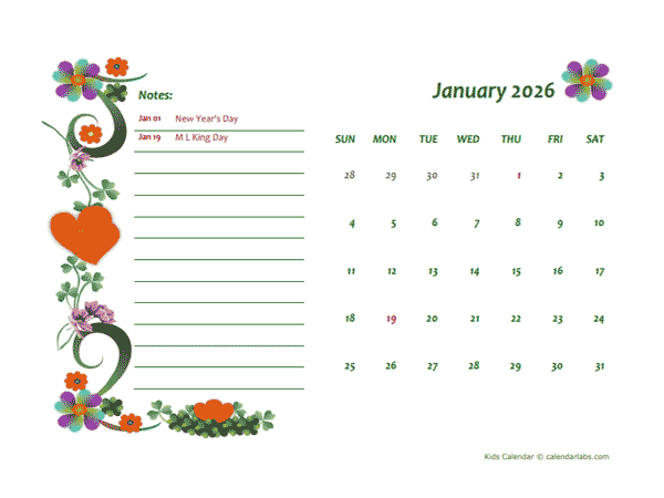 2026 Floral Monthly Kids Calendar Template