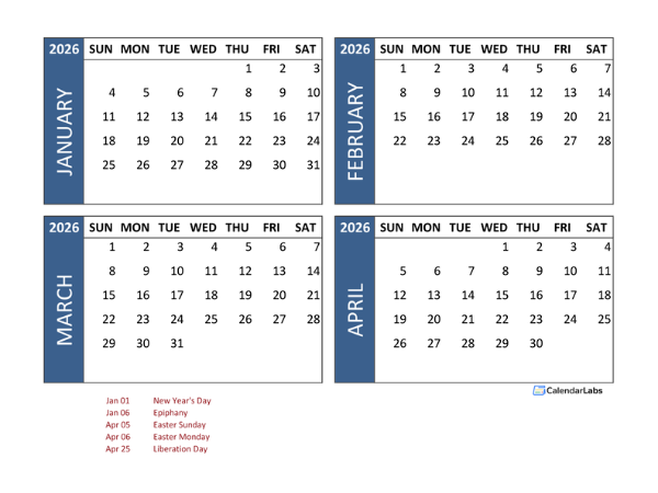 2026 Four Month Calendar with Italy Holidays
