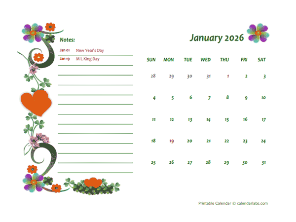 2026 Free Monthly Printable Calendar