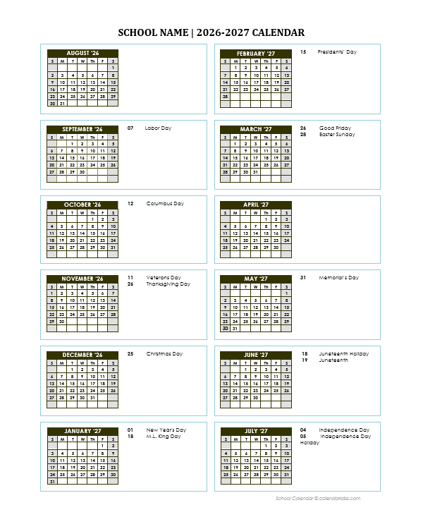 2026 Free School Yearly Calendar Aug