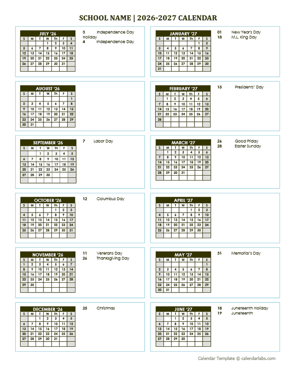 2026 Free School Yearly Calendar Jul