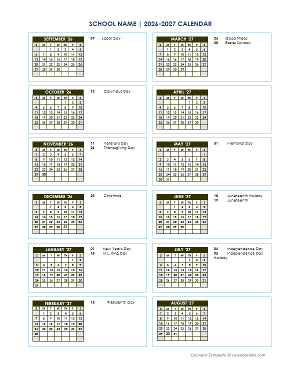 2026 Free School Yearly Calendar Sep