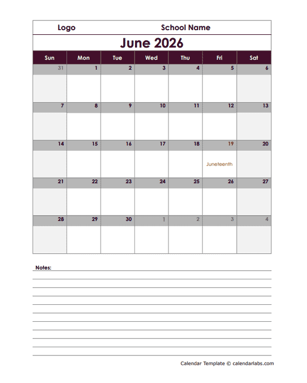2026 Google Docs School Calendar Notes