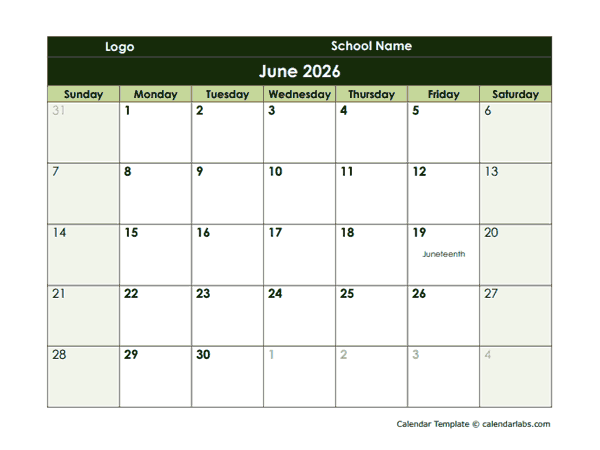 2026 Google Docs School Monthly Calendar