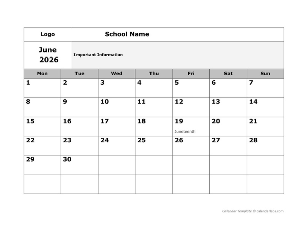 2026 Google Docs School Monthly Jun Mon Calendar