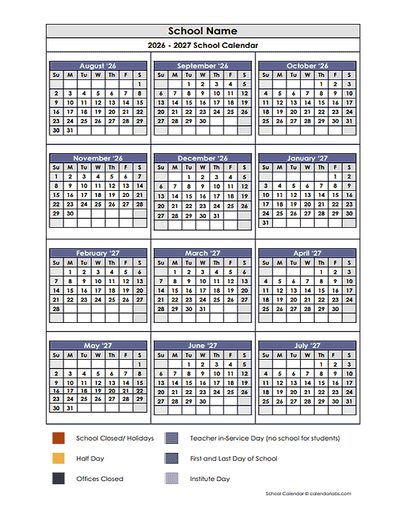 2026 Google Docs School Vertical Yearly Calendar