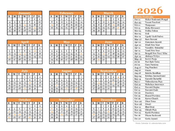 2026 Hindu Festivals Calendar Template