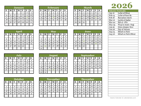 2026 Islamic Festivals Calendar Template