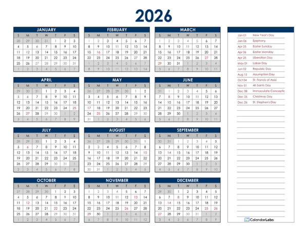 2026 Italy Annual Calendar with Holidays