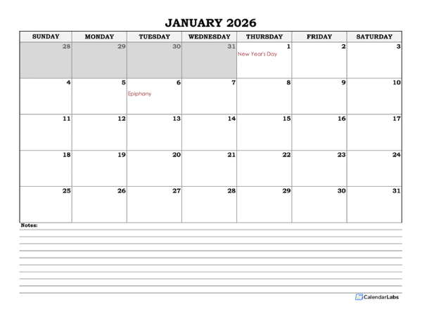 2026 Italy Monthly Calendar with Notes