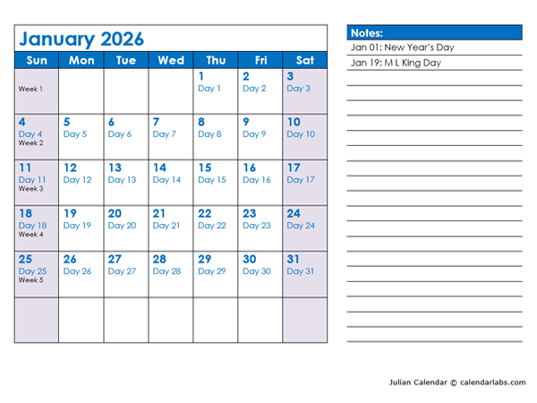 2026 Julian Date Calendar