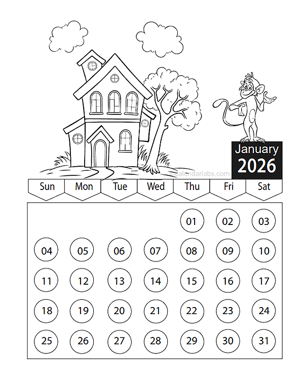 2026 Kids Cartoon Character Coloring Calendar